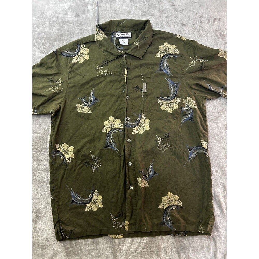 Columbia Mens XXL Hawaiian Shirt Green Marlin Swordfish Fish Print